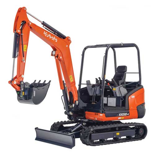 Minikoparka gąsienicowa Kubota KX030-4 z lemieszem i łyżką na białym tle