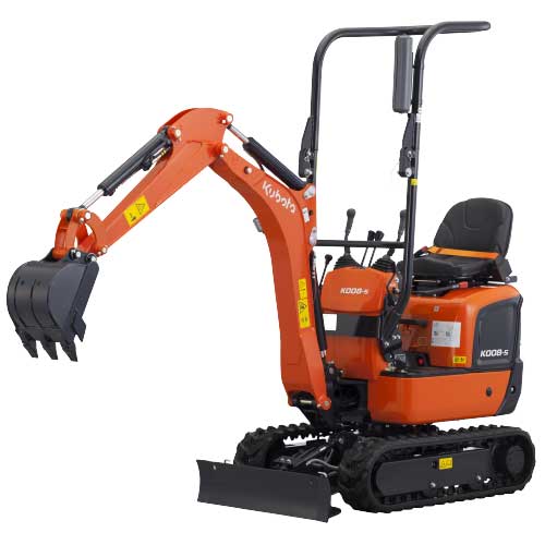 Minikoparka Kubota KX008-5 z łyżką i lemieszem, widok boczny