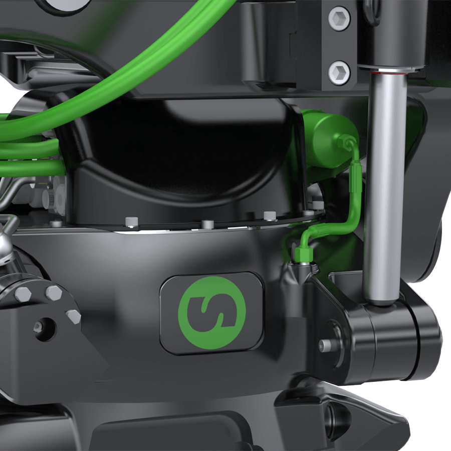 Zbliżenie układu smarowania OptiLube w tiltratorze XTR20 z przewodami i siłownikiem hydraulicznym