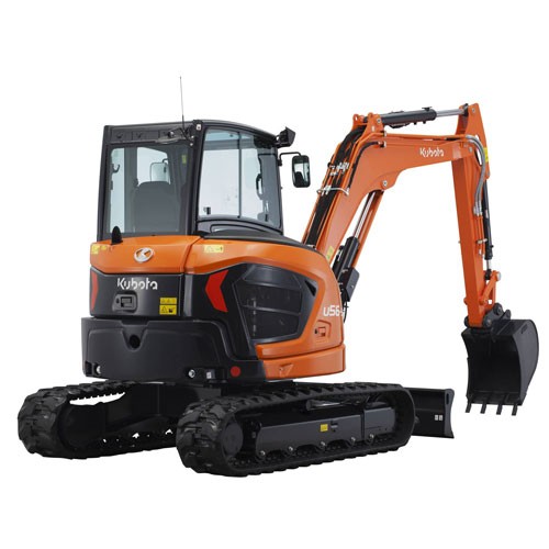 Minikoparka Kubota U56-5 z kabiną i łyżką skarpową na białym tle