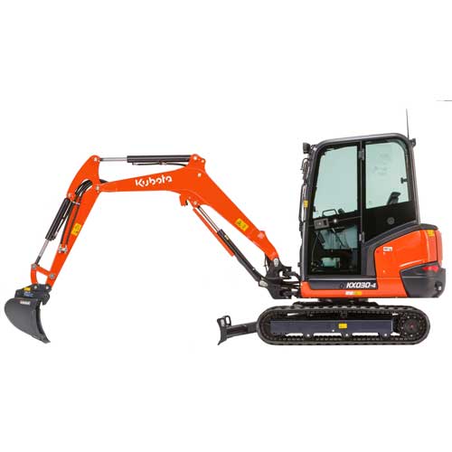 Minikoparka Kubota KX030-4 HI z kabiną, gumowymi gąsienicami i lemieszem, widok z boku