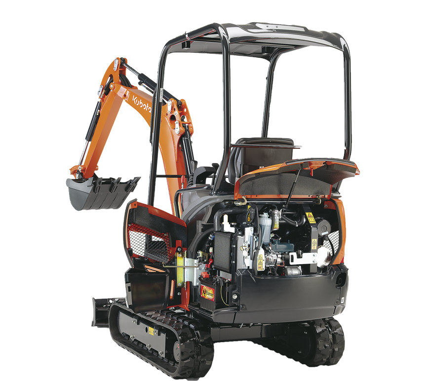 Kubota KX016-4 z zadaszeniem – otwarta komora silnika